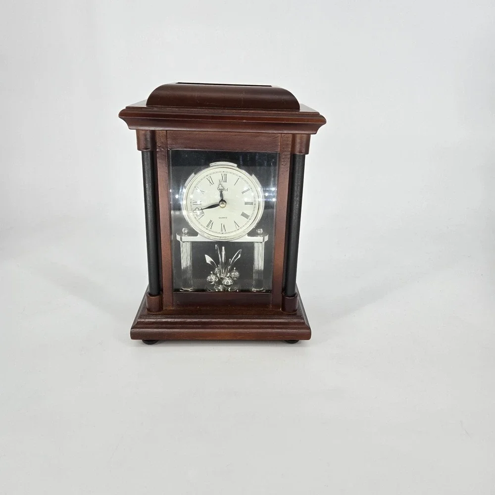 Stiffel Quartz Mantel Clock Rotating Pendulum Wood Glass Case Working Vintage